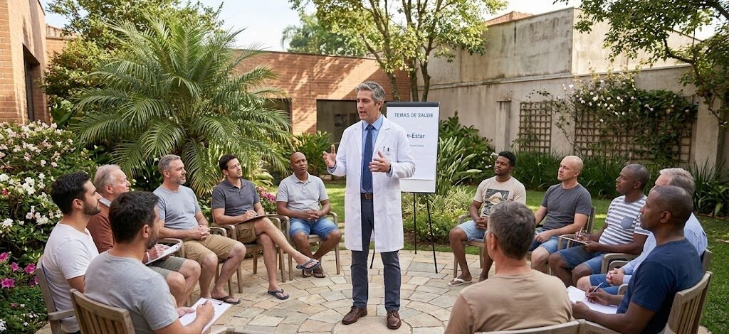 imagem de grupo de pacientes em uma palestra ao ar livre.